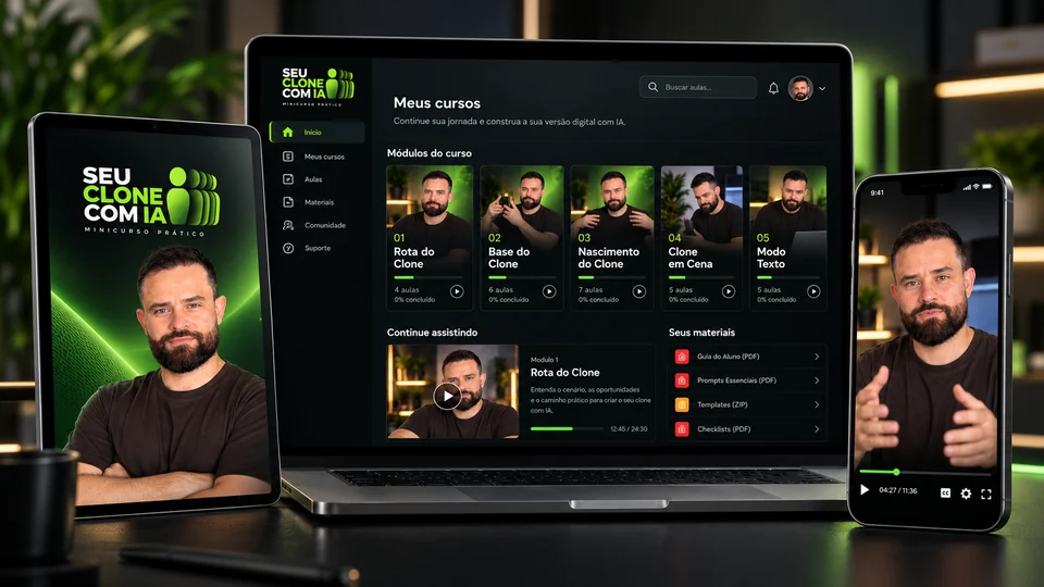 Treinamento Seu Clone com IA exibido no computador, tablet e celular
